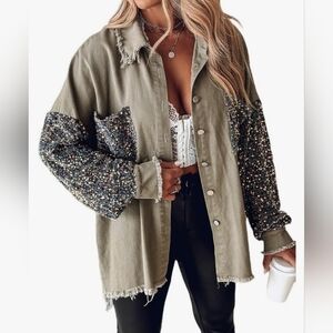 Olive Green Sequin Sleeve Jacket